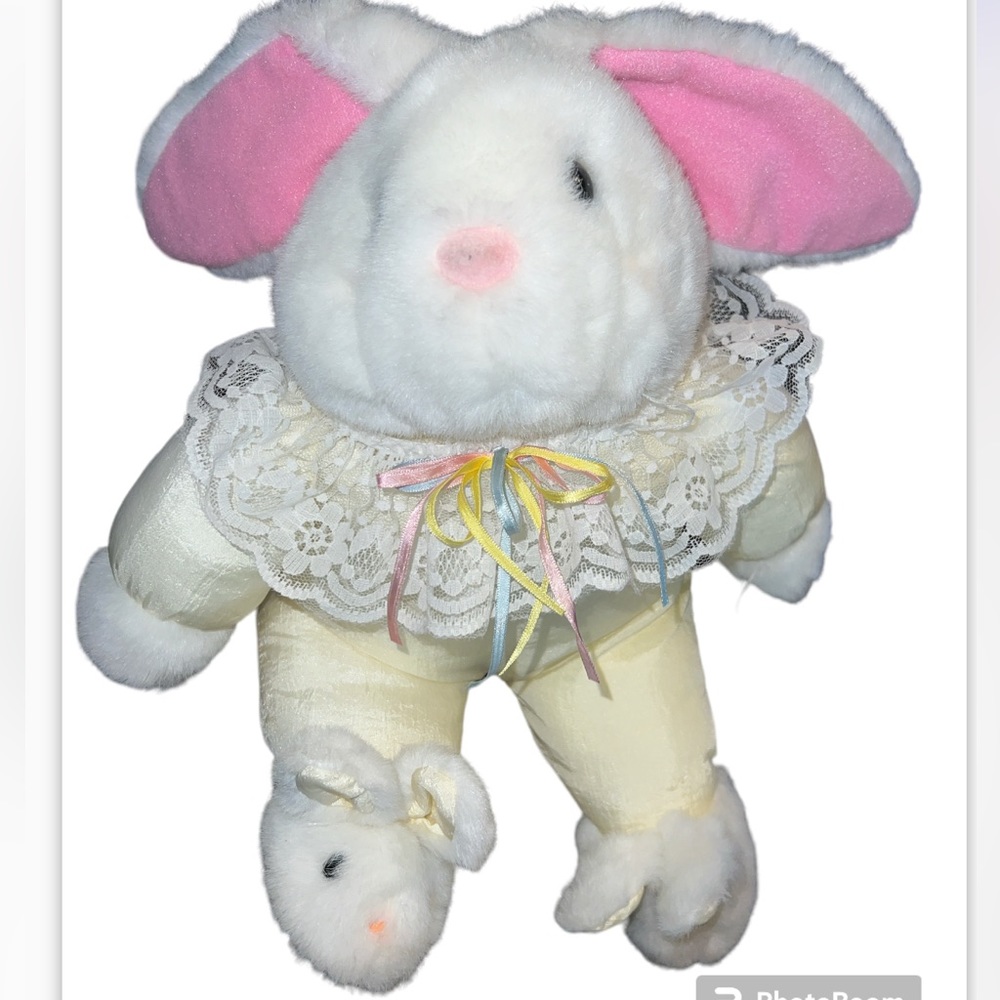MTY International Bunny Yellow Nylon Lace Plush Slippers Stuffed